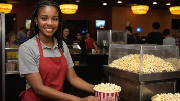 En kinomedarbeider som står foran en popcornmaskin, med et vennlig smil på ansiktet.