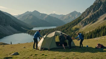 Et fredelig fjellandskap med mennesker som nyter campingaktiviteter.