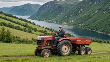 En person i en traktor, med en bakgrunn av et norsk landskap.