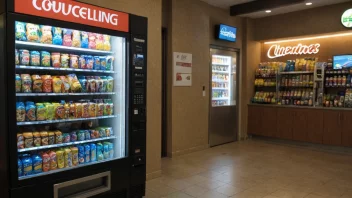 En vareautomat på en togstasjon, med snacks og drikke på display.