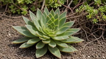 Ein krypande plante med stenglar og blad som breier seg langs bakken.