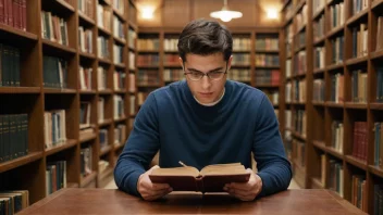 En person som studerer en bok om arverett i et bibliotek.