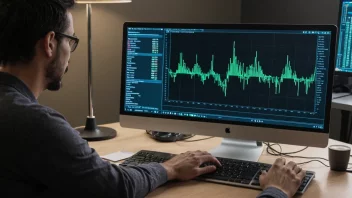 En person som analyserer data på en dataskjerm med en graf som viser frekvensfordeling i bakgrunnen.