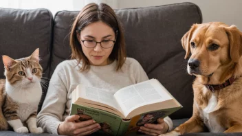 En person leser en bok om dyreomsorg, med en katt og hund sittende ved siden av dem.