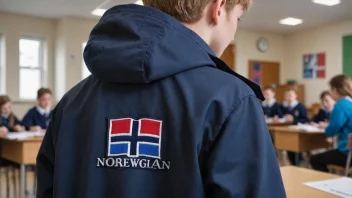 En skolejakke med et norsk skolelogo, som bæres av en elev i et klasserom.