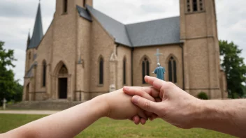 En person som holder et barns hånd, med en kirke eller et kors i bakgrunnen.