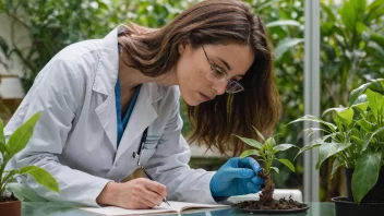 En forsker i en labfrakk som undersøker en plante eller et dyr i en naturlig omgivelse.