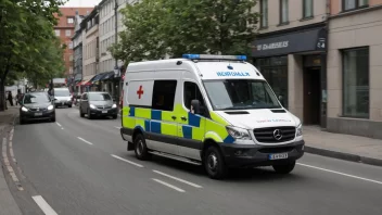 En sykevogn kjører ned en gate med lysene blinkende.