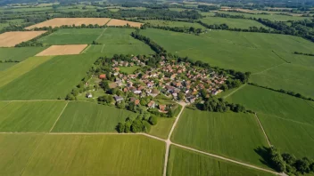 En liten landbruksby med grønne åkre og skoger