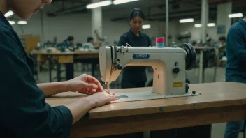 En person syr på en industriell symaskin i en fabrikk, med ruller av stoff og ferdige produkter i bakgrunnen.