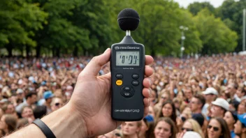 En person holder en lydnivåmåler, med en konsert eller festival i bakgrunnen.