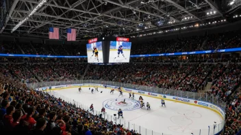 En fullsatt ishockeyarena med fans som heier og vifter med flagg