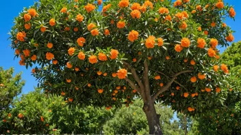 Et vakkert oransjatre i full blomst, omgitt av frodig grønt og en klar blå himmel.