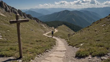 En fredelig vandrersti i fjellet med en skiltpost som viser retningen på stien.