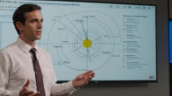 En energisystemingeniør som står foran en skjerm som viser et diagram av et energisystem.