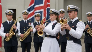 Et norsk sjømannskorps som spiller i tradisjonelle uniformer.