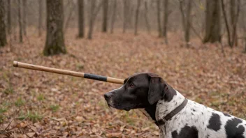 En person i utendørsklær som holder en lang stokk med en pekerhund ved siden av