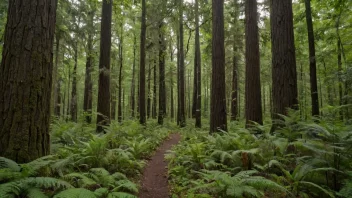 En skog med en tett vekst av trær, inkludert høye trær med tykke stammer og et tett løvverk.