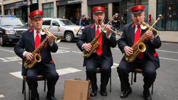 En gruppe Frelsesarme-musikere som spiller sine instrumenter på gaten, med mennesker som går forbi og lytter til musikken.