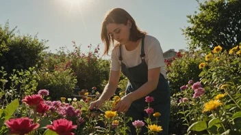 En person som passer sin hage med en rekke blomster og planter, med en solfylt himmel i bakgrunnen.