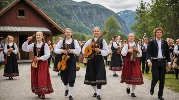 En levende scene av en tradisjonsmusikkonkurranse med mennesker i alle aldre som spiller tradisjonelle instrumenter og er kledd i fargerike folkedrakter.