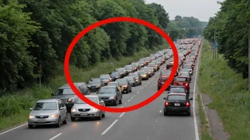 En overbelastet vei med biler som sitter fast i trafikken, med en rød sirkel og en linje gjennom den.