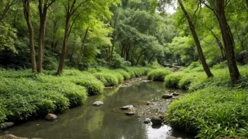 Et fredelig landskap av en liten creek med mennesker som bor i harmoni med naturen, omgitt av frodig grønne og trær.