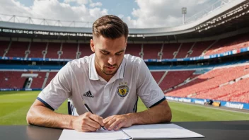 En fotballspiller signerer en kontrakt med en fotballklubb.