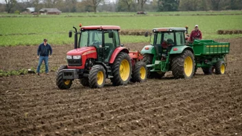 En gruppe bønder som arbeider sammen i en åker, med en traktor og annet landbruksutstyr i bakgrunnen.