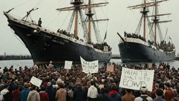 Et hvalfangstskip med en gruppe mennesker som protesterer mot hvalfangst i bakgrunnen.