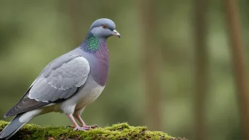 En skogsdue sittende på en gren i en skog, med en subtil bakgrunn av blader og trær.