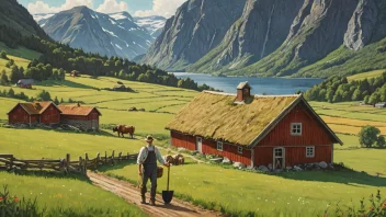 En tradisjonell norsk gård med en bonde som arbeider i åkeren.