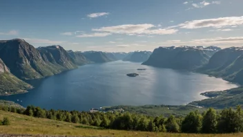 Et naturskjønt bilde av Vestlandsregionen i Norge, med fjorder og fjell i bakgrunnen.