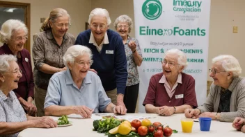 En gruppe eldre mennesker samlet rundt et bord, diskuterer og ler sammen, med et banner eller logo for en eldreorganisasjon i bakgrunnen.