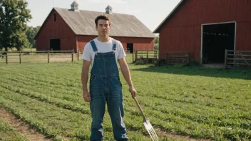 En bonde i overalls står i en gårdsplass.