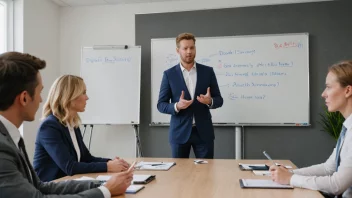 Et møte med en whiteboard som viser det norske ordet for bedriftspolicy.