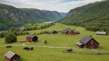 En pittoresk utsikt over en tradisjonell norsk gård, som viser landets rike kulturarv.