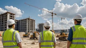 Et bilde av en byggeplass med arbeidere og en stor bygning i bakgrunnen.