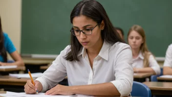 En lærer som vurderer en students eksamensbesvarelse.