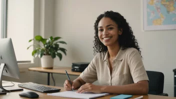 En person som sitter ved et skrivebord med et smil på ansiktet, ser fornøyd ut med jobben sin.