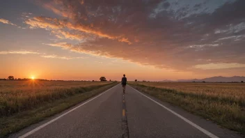 Et fredelig og rolig bilde av en person som går alene på en stille vei under en vakker solnedgang.