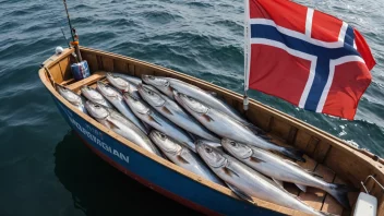 En fiskebåt med en stor fangst av fisk, som symboliserer viktigheten av fiskerihandelen i Norge.