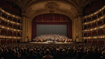 Et majestetisk operahus med en stor scene, orkestergrav og et fullt publikum.