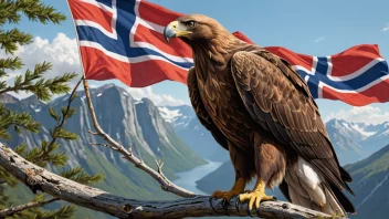 En kongeørn sittende på en gren med et norsk flagg i bakgrunnen.