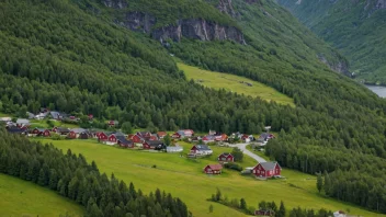 En liten landsby i et avsidesliggende område i Norge, med noen hus og en kirke, omgitt av fjell og skog.