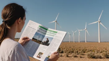 En person leser en publikasjon om energi, med en bakgrunn av vindturbiner og solpaneler.