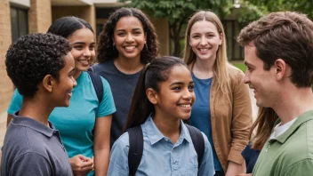 En gruppe elever og lærere fra ulike bakgrunner og aldre som står sammen, smiler og snakker, i en skolegang eller skolegård, som viser et sterkt skolefellesskap.