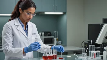 En forsker overfører en væske fra en beholder til en annen ved hjelp av en pipett, i et laboratorium.