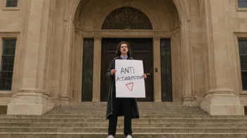 En person protesterer mot akademiske tradisjoner foran en universitetsbygning.