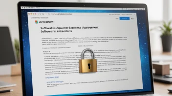 En illustrasjon av en dataskjerm som viser en programvarelisensavtale, med et hengelåsikon i hjørnet.